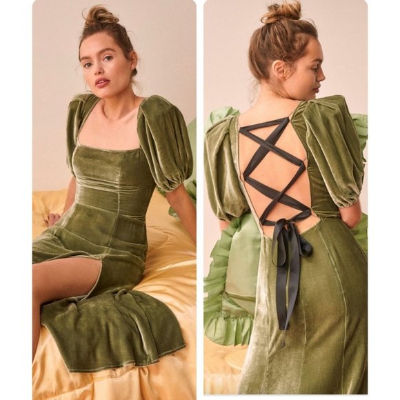 Reformation Dresses & Skirts - NWT REFORMATION Green Velvet Jocelyn Dress in Artichoke Size 8